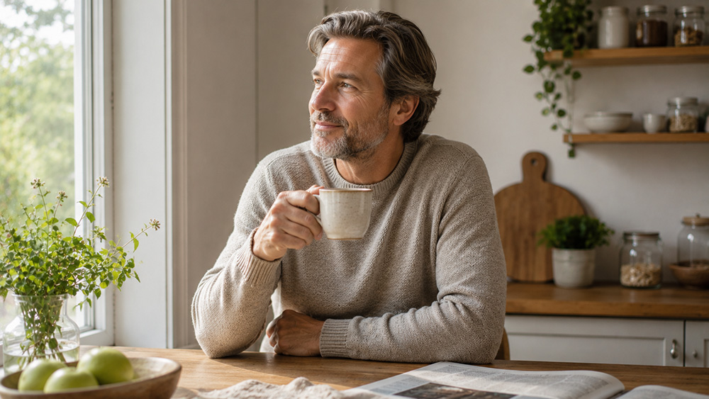 Mann som sitter rolig med kaffe ved kjøkkenbordet om morgenen.