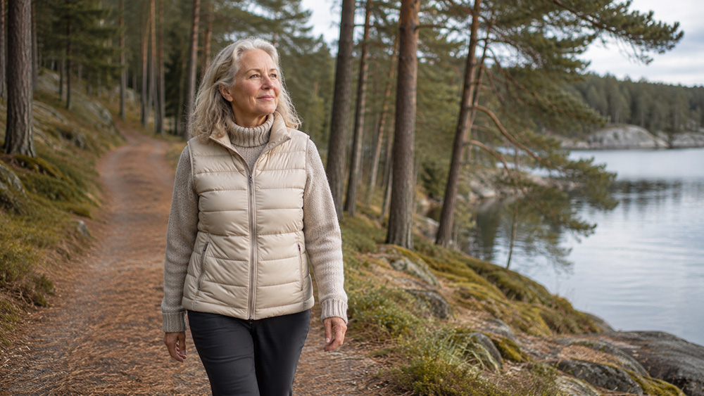 Kvinne på rolig gåtur i naturen.